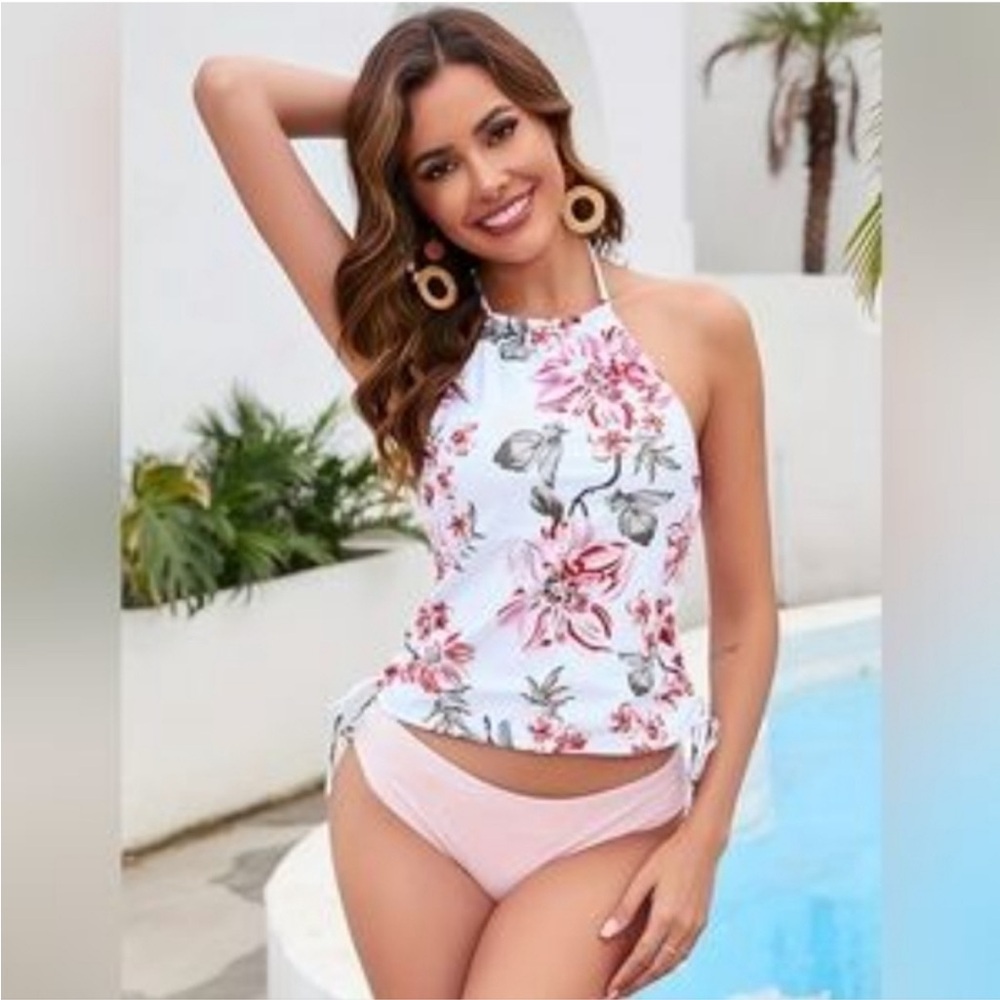 NEW! SHEIN Large High Neck Halter Tankini Set Bikini Floral Top Pink Bottoms